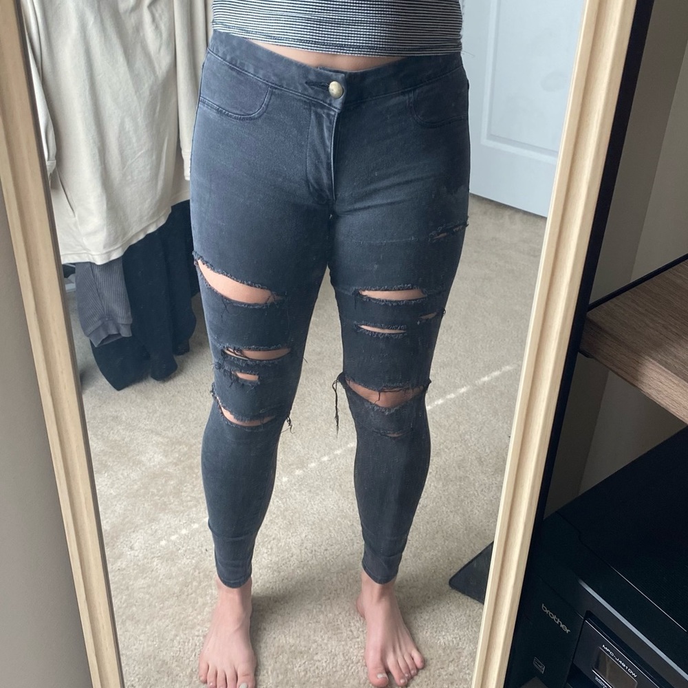 Destroyed Black Gray Super Skinny Stretch Jeans